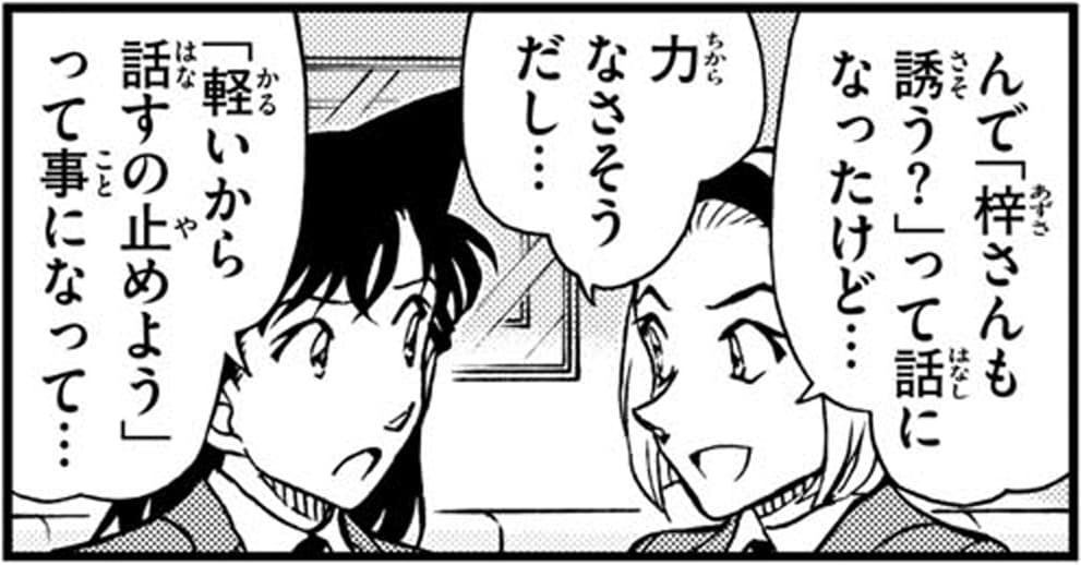 鈴木 園子「んで「梓さんも誘う？」って話になったけど…,力なさそうだし…」,毛利 蘭「「軽いから話すの止めよう」って事になって…」